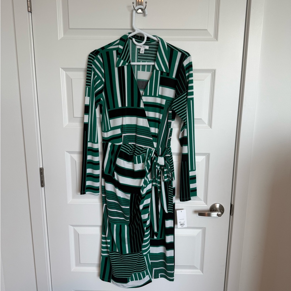 Nine West Green and White Long Sleeve Wrap Dress